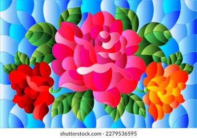 Illustration in stained glass style with a bouquet of roses on a blue background