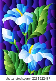 Illustration in stained glass style with a bouquet of Calla flowers on a blue background, rectangular image