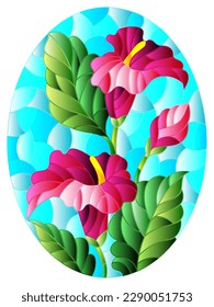 Illustration in stained glass style with a bouquet of Calla flowers on a blue background, oval image