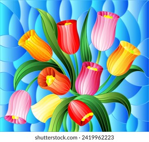 Illustration in stained glass style a bouquet of brigh Tulips  on a blue background
