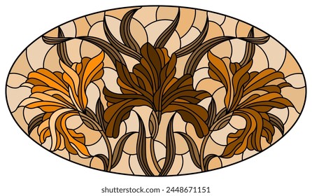 Illustration in stained glass style with  bouquet of irises, flowers, buds and leaves on, oval image, tone brown