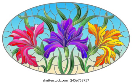 Illustration in stained glass style with  bouquet of irises, flowers, buds and leaves on blue background, oval image