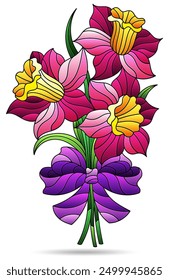 Illustration in stained glass style with bouquet of daffodils , isolated  on a white background