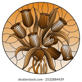 Illustration in stained glass style a bouquet of Tulips, tone brown
