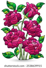 Illustration in stained glass style with bouquet of rose flowers, isolated on a white background