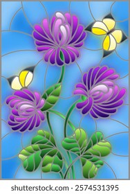 Illustration in stained glass style with bouquet of purple   clover and yellow butterflies on a sky background 