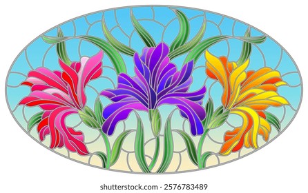 Illustration in stained glass style with  bouquet of irises, flowers, buds and leaves on blue background, oval image