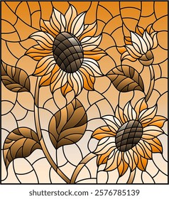 Illustration in stained glass style with a bouquet of sunflowers, flowers,buds and leaves of the flower, tone brown