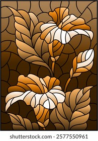 Illustration in stained glass style with a bouquet of Calla flowers on a sky background, rectangular image, tone brown