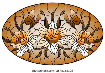 Illustration in stained glass style with a bouquet of daffodils and butterflies on a sky background, oval image, tone brown