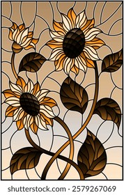 Illustration in stained glass style with a bouquet of sunflowers, flowers,buds and leaves of the flower, tone brown