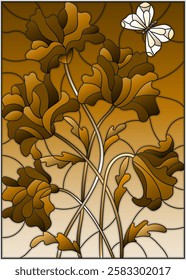 Illustration in stained glass style with a bouquet of poppies and a butterfly on the background of sky , tone brown