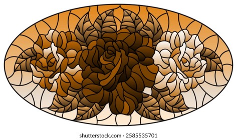 Illustration in stained glass style with a bouquet of bright roses on a background, oval image, tone brown