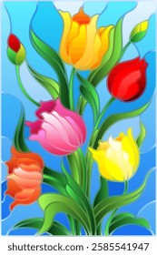 Illustration in stained glass style with a bouquet of colorful tulips on a blue background