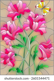 Illustration in stained glass style with a bouquet of pink poppies and a butterfly on the brown background  