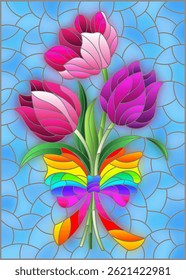 Illustration in the stained glass style with a bouquet of pink tulips on a blue background, rectangular image