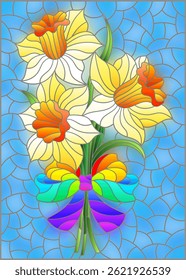 Illustration in the stained glass style with a bouquet of pink daffodils on a blue background, rectangular image