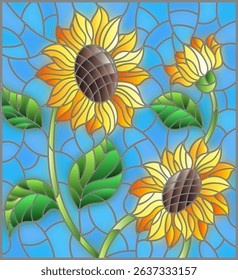 Illustration in stained glass style with a bouquet of sunflowers, flowers,buds and leaves of the flower on sky background