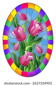 Illustration in stained glass style with a bouquet of pink tulips on a blue background in a bright frame, oval image