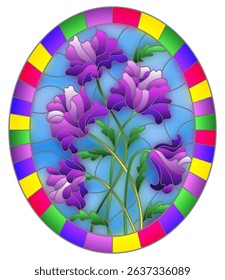 Illustration in stained glass style with a bouquet of a plant with purple flowers on a blue background in a bright frame, oval image