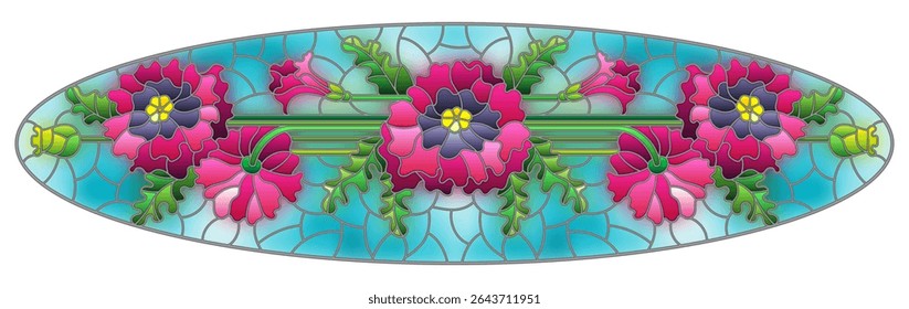 Illustration in stained glass style with a bouquet of red  poppies on a blue background, oval image