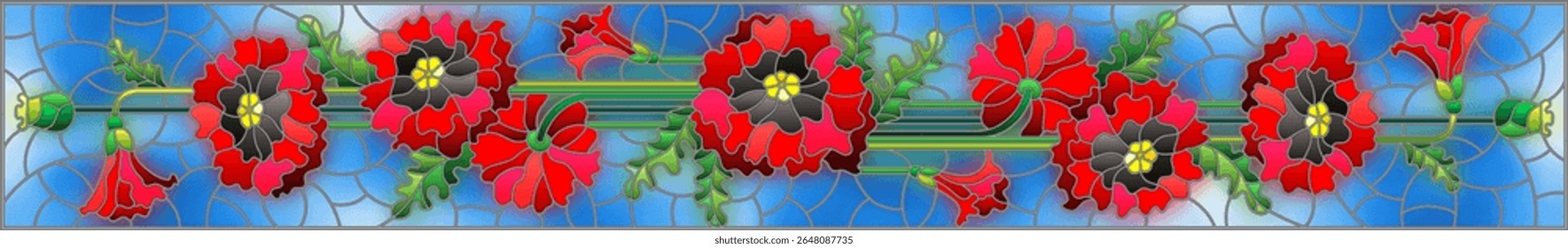 Illustration in stained glass style with a bouquet of red  poppies on a blue background