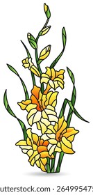 Ilustração em estilo de vidro manchado com buquê de flores de gladioli, isolado em um fundo branco