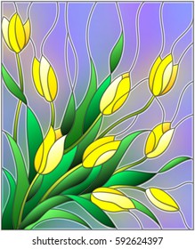 Illustration in stained glass style with a bouquet of yellow tulips on a purple background