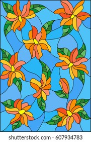 Illustration in stained glass style with a bouquet of tulips on a blue background in the frame