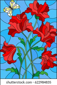 Illustration in stained glass style with a bouquet of red poppies and a butterfly on the background of blue sky