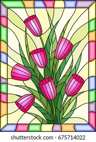 Illustration in stained glass style with a bouquet of pink tulips on a yellow background with bright frame