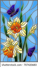 Illustration in stained glass style with a bouquet of yellow daffodils and blue butterflies on a blue background