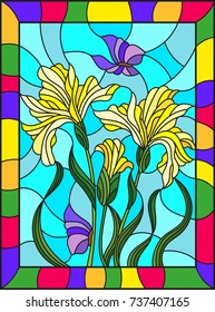 Illustration in stained glass style with a bouquet of yellow irises and  butterflies on a blue background in a bright frame