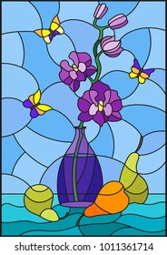 Illustration in stained glass style with bouquets of purple orchid   in a blue vase,butterflies  and pears on table on blue background