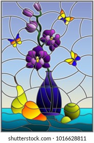 Illustration in stained glass style with bouquets of purple orchid   in a blue vase,butterflies  and pears on table on blue background