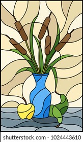 Illustration in stained glass style with bouquets of bulrush  in a blue vase , pears and apples on table on beige background