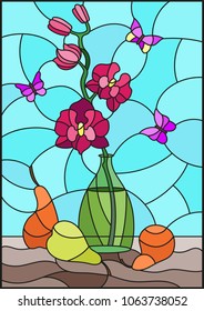Illustration in stained glass style with bouquets of pink orchid   in a green vase,butterflies  and pears on table on blue background