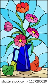 Illustration in stained glass style with bouquets of bright flowers in a metal blue jug, pears and apples on table on blue background