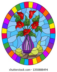 Illustration in stained glass style with bouquets of red Calla lilies flowers in a purple vase and pears on table on blue background,oval image in bright frame