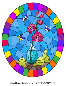 Illustration in stained glass style with bouquets of pink orchid   in a  vase,butterflies  and pears on table on blue background, oval image in bright frame
