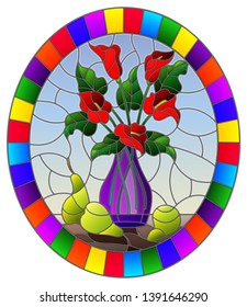 Illustration in stained glass style with bouquets of red Calla lilies flowers in a purple vase and pears on table on blue background,oval image in bright frame
