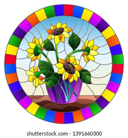 Illustration in stained glass style with bouquets of sunflowers in a blue vase on table on a blue background, round image in bright frame