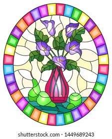 Illustration in stained glass style with bouquets of Calla lilies flowers in a pink vase and pears on table on yellow background,oval image in bright frame