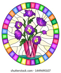 Illustration in stained glass style with bouquets of purple  flowers in a pink  vase on table on a yellow background, round image in bright frame