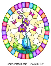 Illustration in stained glass style with bouquets of purple orchid   in a  vase,butterflies  and pears on table on yellow background, oval image in bright frame