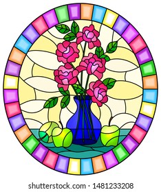 Illustration in stained glass style with bouquets of roses flowers in a blue vase and apples on table on yellow background, oval image in bright frame