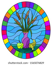 Illustration in stained glass style with bouquets of bulrush  in a brown vase , pears and apples on table on blue background, oval image in bright frame