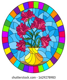 Illustration in stained glass style with bouquets of pink poppies flowers in a yellow vase  on table on a blue background, oval image in bright frame