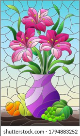 Illustration in stained glass style with bouquets of bright lily flowers in a purple  jug, pear, grape  and apple on table on blue background