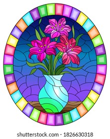 Illustration in stained glass style with bouquets of bright pink lily flowers in a jug on a table on blue background, oval image in bright frame